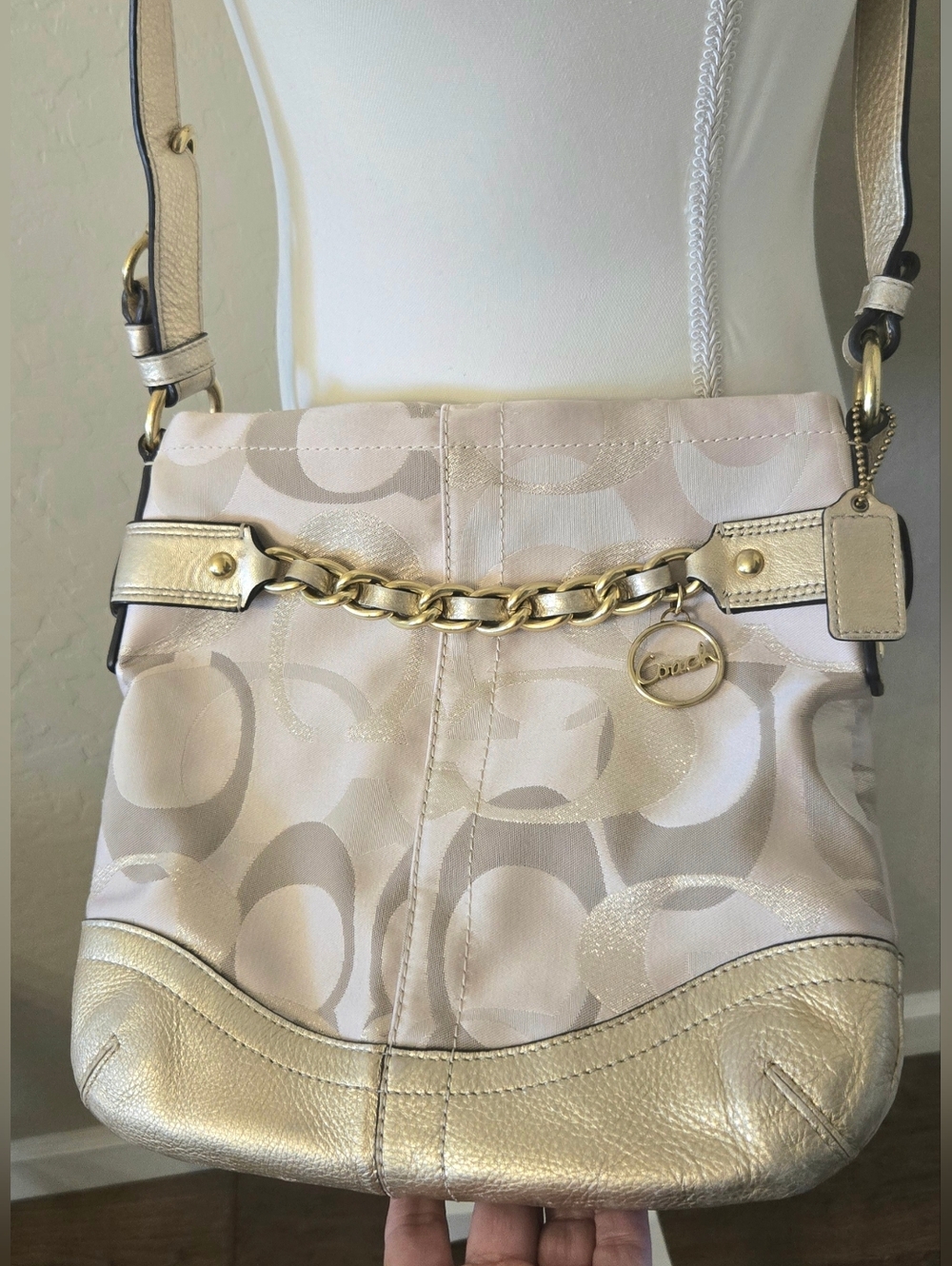Coach Gold Metallic Signature Chain With Leather Trim Crossbody Bag